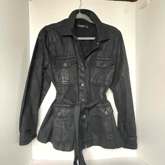 Lauren Ralph Lauren Jackets & Blazers - Ralph Lauren Utility Jacket Womens Black 14 Coated Denim Trucker Belted Field